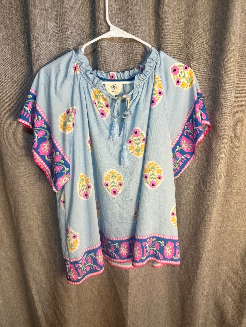 UMGEE Light Blue Boho Bloom Floral Tassel Peasant Blouse - Size Medium